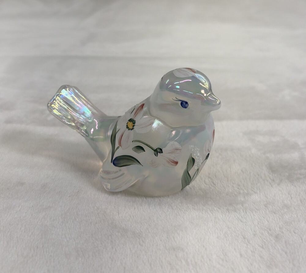 Fenton Glass Art Clear Opalescent Song Bird Hand Painted Flowers Signed FS Chrty